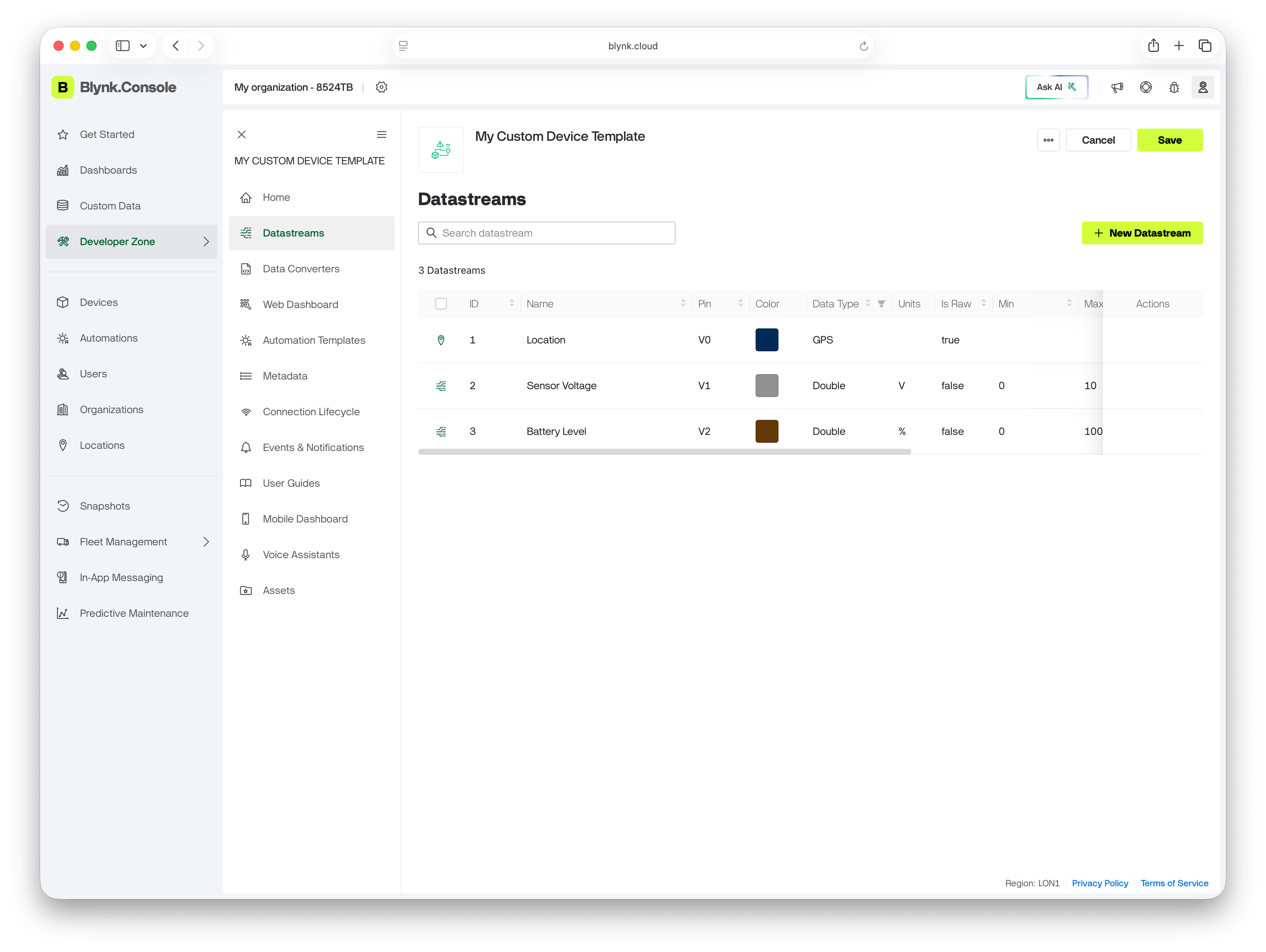 Configuring Blynk datastreams