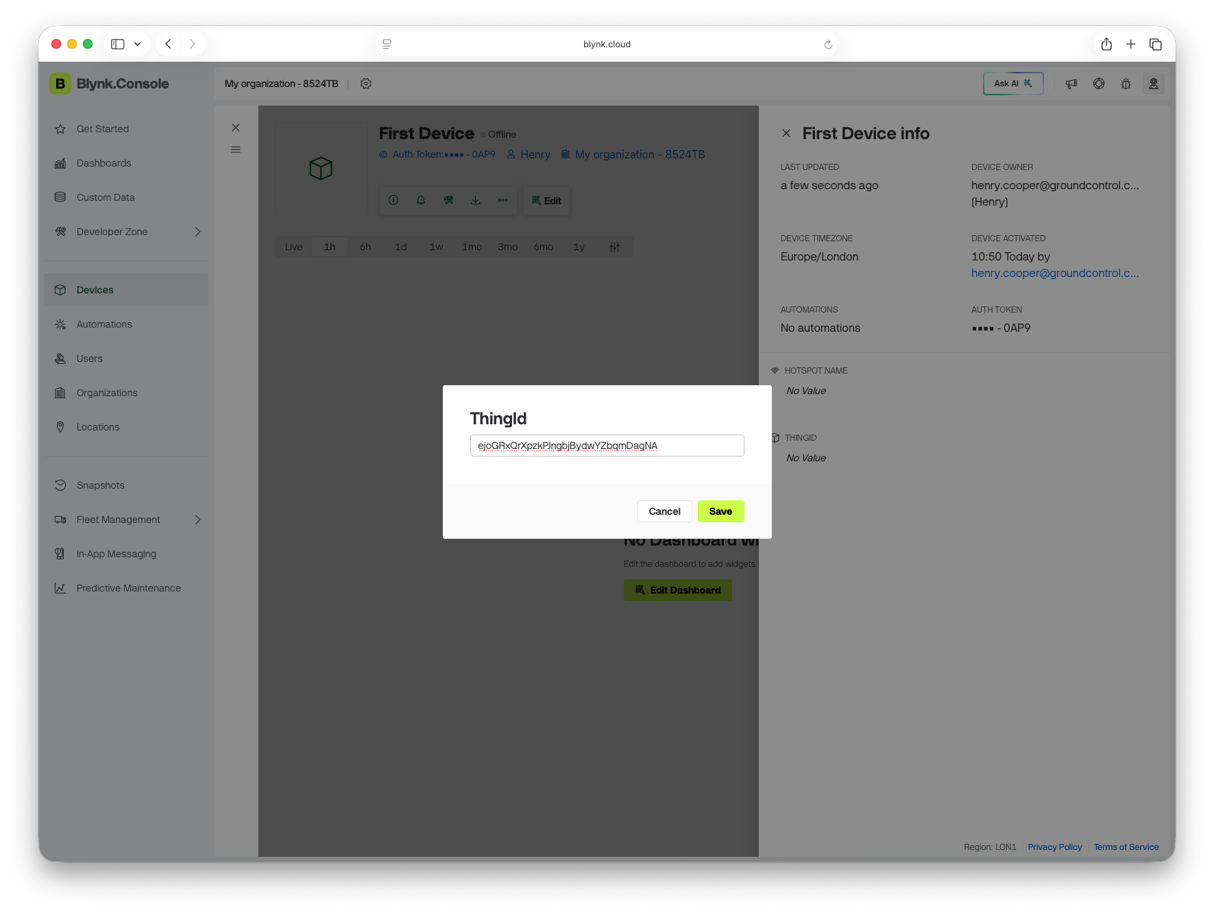 ThingId metadata window