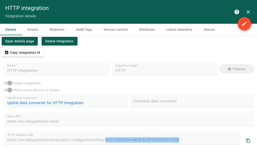 Thingsboard HTTP Integration showing url UUID